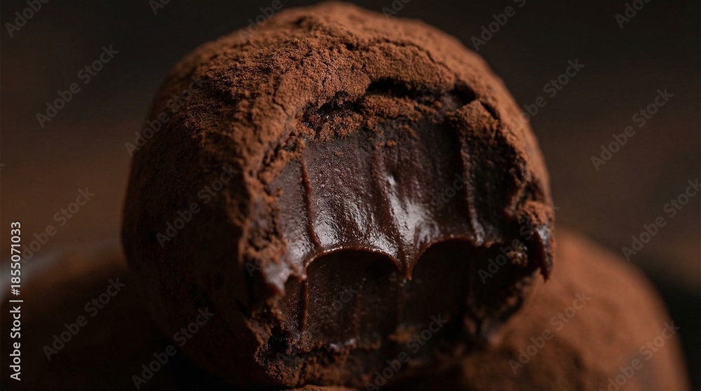 Obraz premium Decadent Bitten Chocolate Truffle with Cocoa Dusting - Gourmet Dessert Indulgence