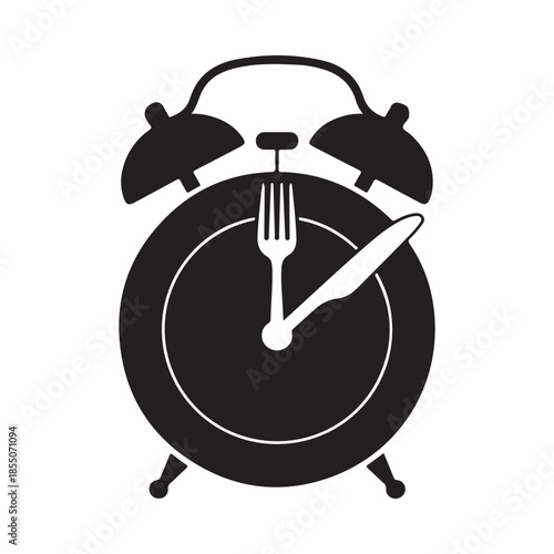 A black and white illustration of an alarm clock with cutlery inside