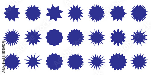 Set of dark blue vector starburst and sunburst badges. Flat design elements ideal for sale stickers, price tags, promotions and quality marks. Vector illustration isolated on transparent background.