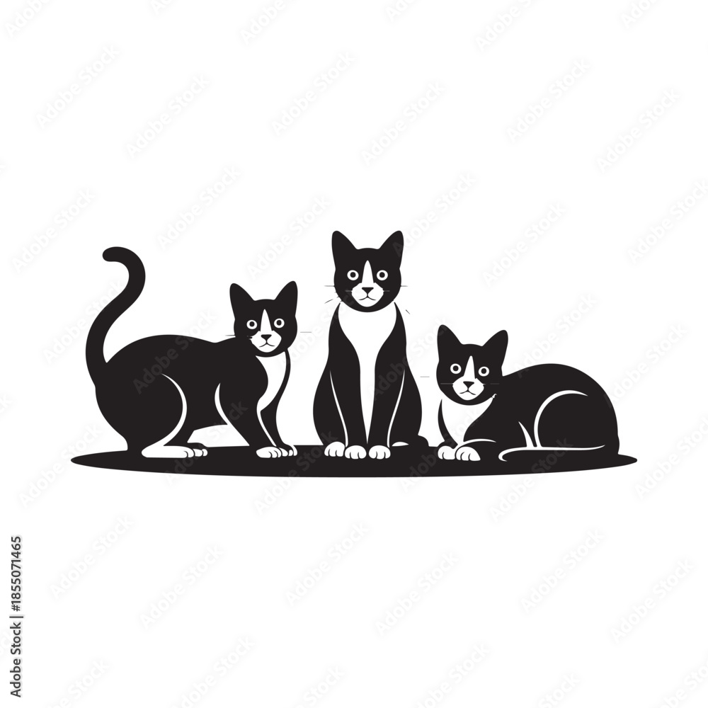 Fototapeta premium A group of three black and white cats depicted in a stylized illustration