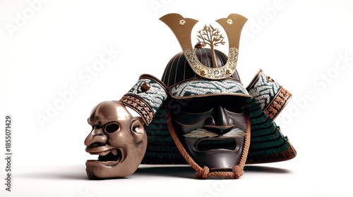 Ancient Samurai Armor: This detailed captures the elegance of traditional Japanese samurai armor, highlighting a helmet, and two masks