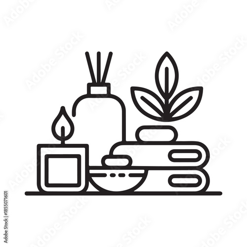 A minimalist line drawing of spa elements candle reeds and stacked towels