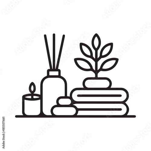 A simple line drawing of a diffuser stones and stacked towels