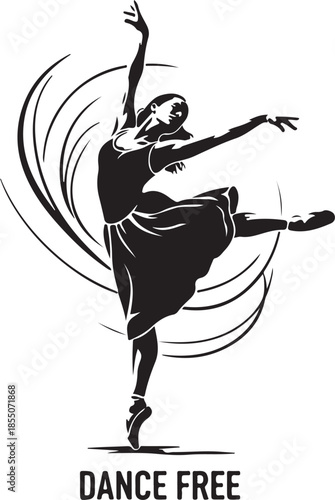 Silhouette of a dancer in mid-motion with swirling lines and text dance free