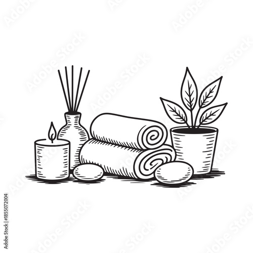 A serene sketch of candles rolled towels stones and a small plant
