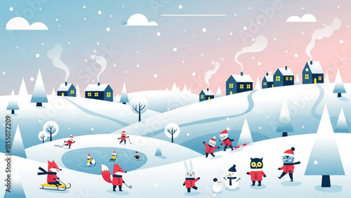 Whimsical winter village scene with snowmen, children playing, ice skating, sledding, and snow covered houses under a pink and blue sky with fluffy white clouds