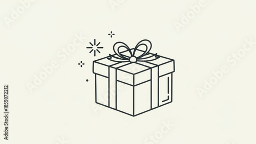 Simple line art gift box icon with ribbon and sparkles minimalist vector illustration for celebration and surprise concepts isolated on light backgr