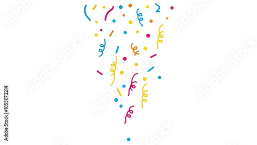 Colorful confetti and streamers falling festive celebration element for party invitations and decorations isolated on white background