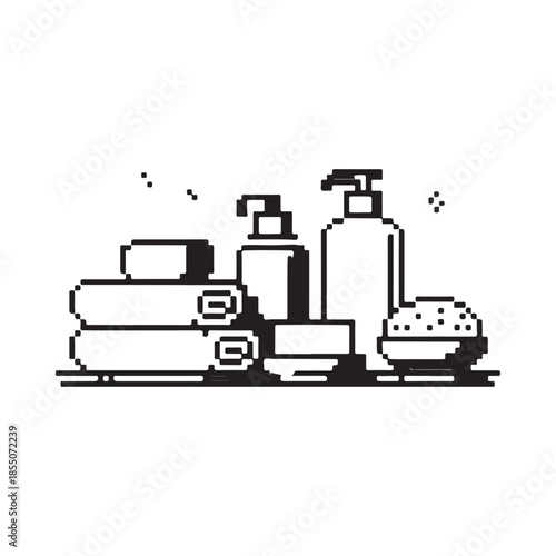 A minimalist illustration depicting bathroom essentials soap towels and cleaning supplies