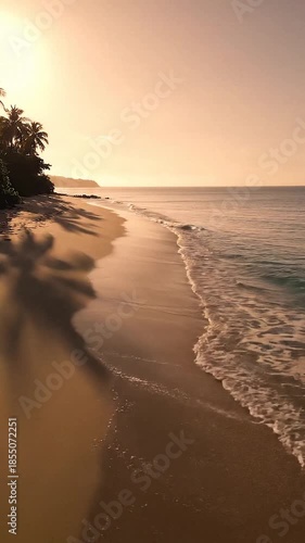 Aerial Cinematic minimal tropical coastline at golden hour,