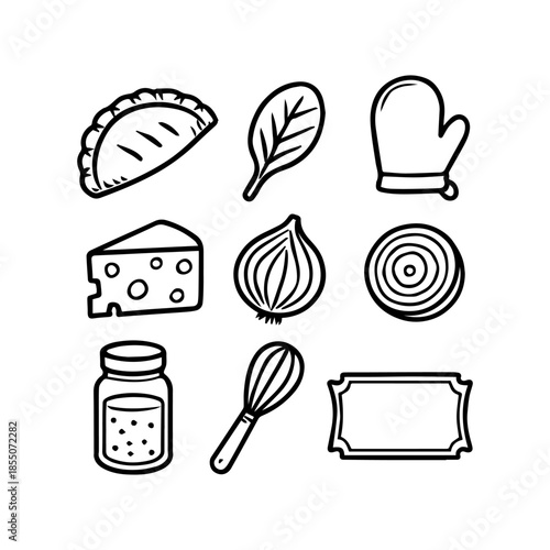 A collection of simple outline icons representing various cooking ingredients and kitchen tools