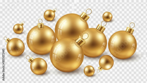 Golden christmas ornaments scattered on white background, shiny spheres with loops for hanging, festive holiday decoration elements, christmas tree baubles