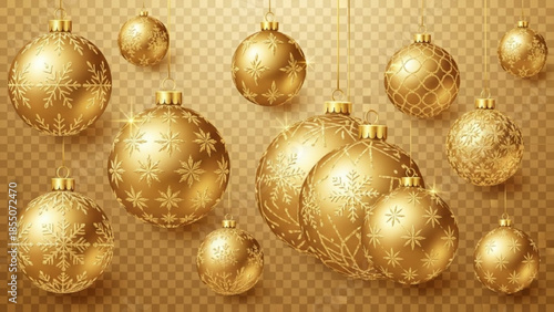 Golden christmas ornaments with snowflake patterns hanging on strings against a transparent background with a warm glow