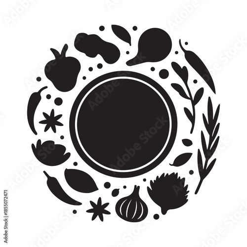 A circular design featuring various fruits vegetables and spices in black