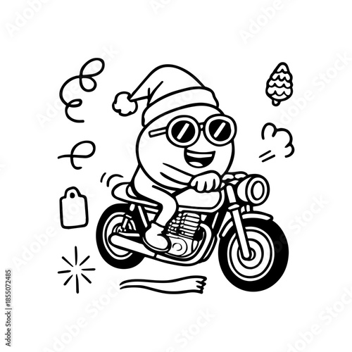 A happy cartoon character wearing a santa hat and sunglasses riding a motorcycle in a joyful winter scene