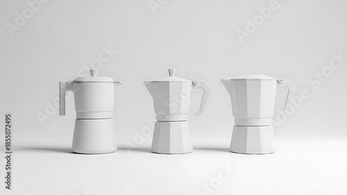 Three white stovetop espresso makers on a plain background coffee