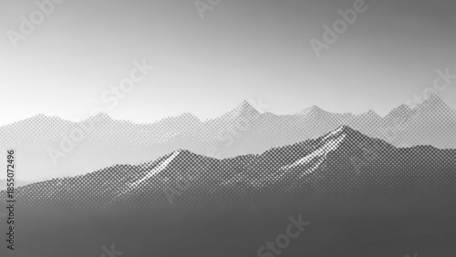Halftone mountain range landscape with hazy peaks and gradient sky
