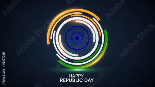 Vibrant indian republic day celebration graphic with circular design and tricolor hues on dark background