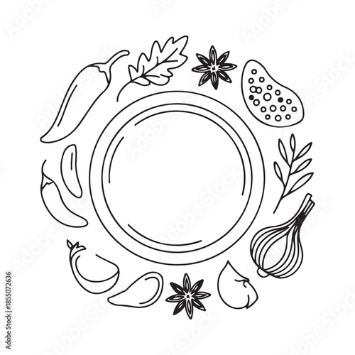 A circular arrangement of spices and vegetables around a central plate