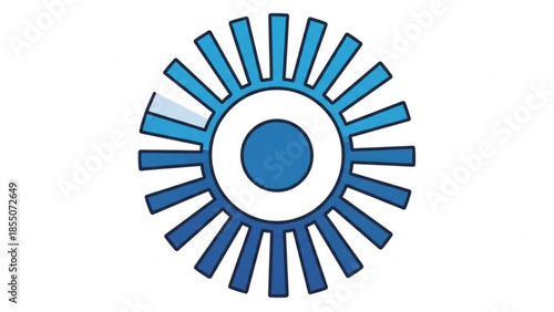 Blue sunburst design element with white and dark blue rays on solid background
