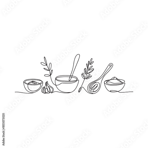 Minimalist line art of cooking utensils garlic and botanical elements