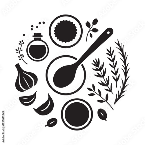 Black and white culinary arrangement featuring spices herbs and kitchen tools