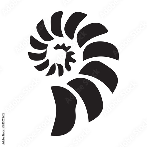 Segmented Black Nautilus Shell Spiral Design on White Background
