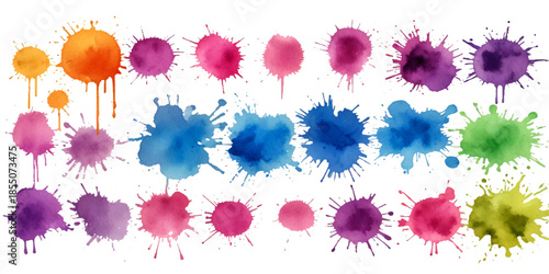 Collection of colorful abstract watercolor splashes and ink blot splatters showing grunge drops, stains, and blobs on white with dynamic artistic flow and texture