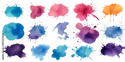 Set of vibrant abstract watercolor splashes and ink splatters featuring colorful grunge drops, stains, and blobs isolated on white with dynamic artistic fluid motion textures