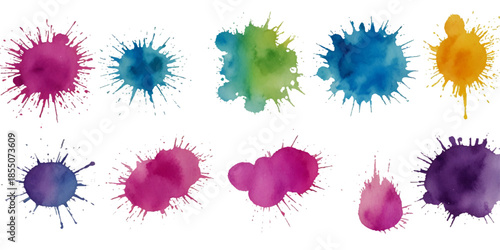 vibrant abstract watercolor paint splashes with colorful ink splatters, grunge stains, and blobs isolated on a clean white background with expressive fluid artistic motion