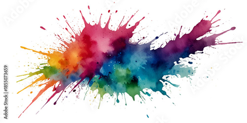 abstract rainbow creative horizontal banner from paint splashes. Bright colorful watercolor splash splatter stain brush strokes on white background. Modern vibrant aquarelle spot. Rainbow trendy
