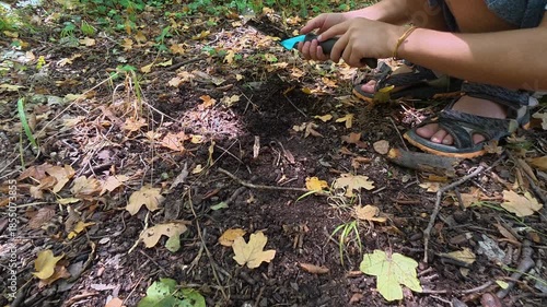 Wallpaper Mural Close-up of child digging soil with small shovel on forest ground. Outdoor exploration and hands-on learning in nature, showing curiosity, discovery and playful interaction with earth Torontodigital.ca
