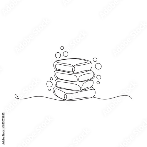Minimalist line drawing of stacked soap bars with surrounding bubbles