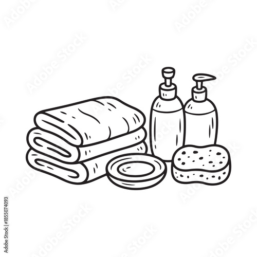 A simple sketch of folded towels soap dispensers and a sponge