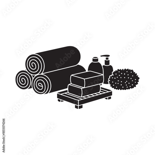 A minimalist black and white illustration of towels soap and a loofah