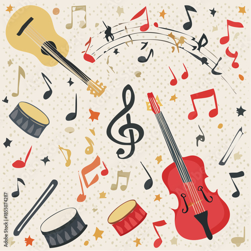 Musical instruments and notes scattered around in a whimsical pattern on a light background