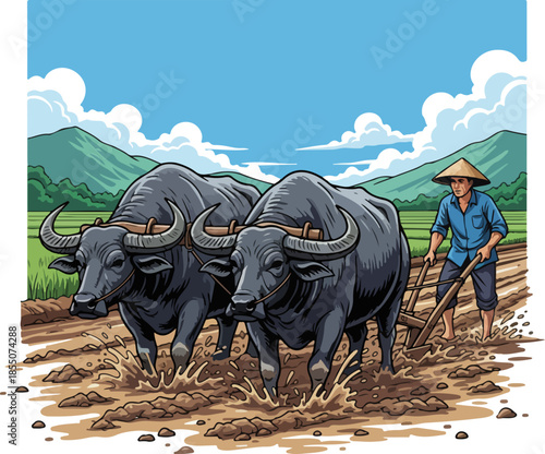Farmer Plowing Rice Field with Two Water Buffaloes Vector Illustration