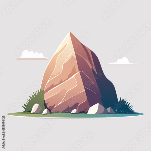 Illustration of a mountain with grass, rocks, and clouds on a light gray background.