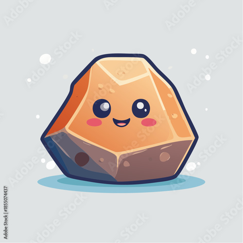Cartoon illustration of a cute, smiling rock with rosy cheeks and big eyes.