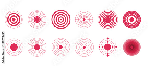 concentric wave pattern radiating outward from center isolated, pain localization icons for healthcare diagnosis, medical symptoms illustration, physiotherapy treatment, and nerve ache injury spots.