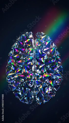 Abstract concept of brilliant human brain as faceted diamond. crystal mind refracts light, creating vibrant rainbow, symbol of intelligence and creativity