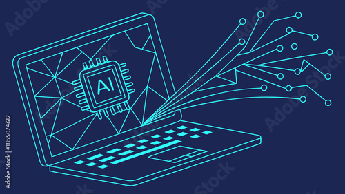 Futuristic low-poly wireframe cityscape with glowing grid lines at dusk over skyline