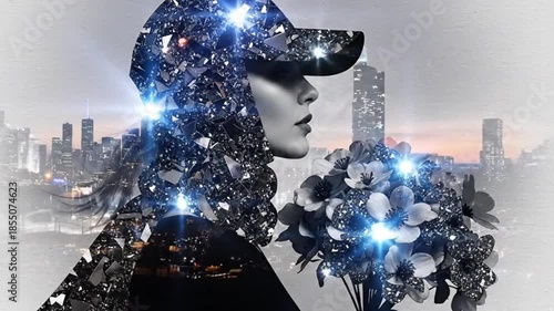Artistic profile portrait of a woman wearing a sparkling diamond cap and holding flowers with city lights effect