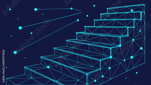 Futuristic low-poly wireframe cityscape with glowing grid lines at dusk over skyline