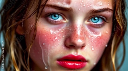 Extreme close-up of a young girl's face with bright blue eyes, freckles, and water droplets on her skin