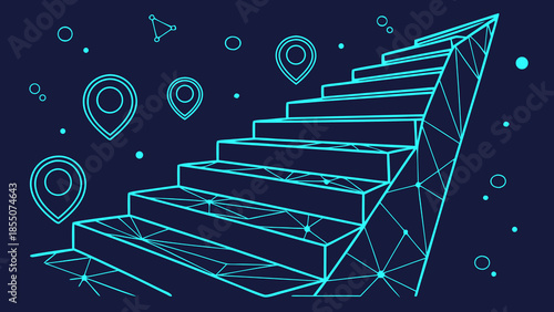 Futuristic low-poly wireframe cityscape with glowing grid lines at dusk, digital art