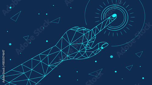 Futuristic low-poly wireframe cityscape with glowing grid lines and digital architecture elements