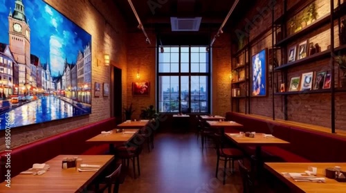 Elegant empty restaurant interior with brick walls, red leather booths, and large paintings on a cozy evening