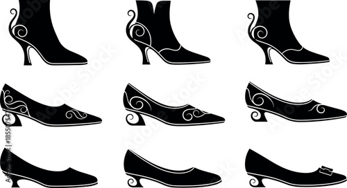 Elegant Black Silhouette Collection of Ornate High Heel Shoes and Ankle Boots with Victorian Inspired Filigree Swirls and Decorative Elements