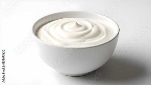 A small white bowl filled with a generous helping of creamy white dip or spread possibly sour cream or yogurt